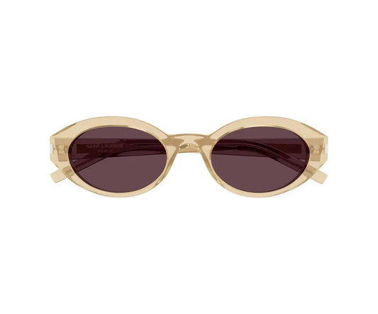 Sunglasses with a beige frame and dark lenses on a white background