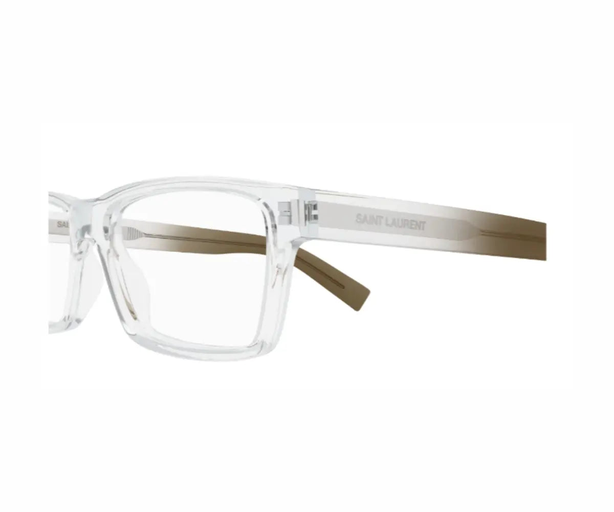 Clear eyeglasses with brown accents on a white background