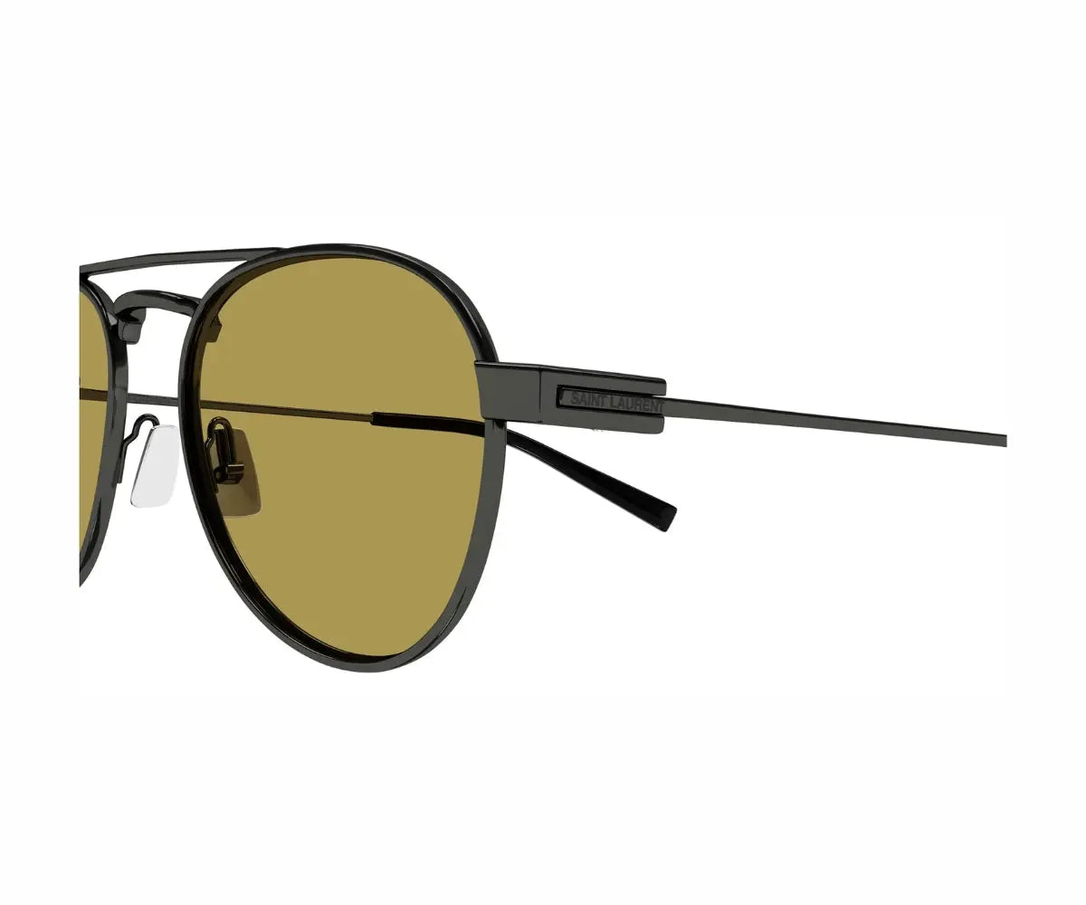 Sunglasses with gold lenses and black frame on a white background