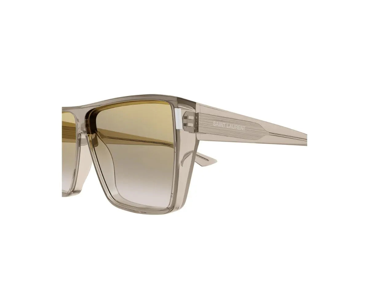 Sunglasses with a clear frame and brown gradient lenses on a white background