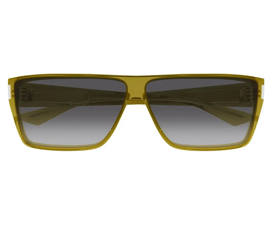 Sunglasses with yellow frame and gradient lenses on a white background