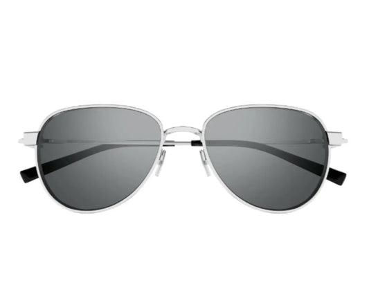 Sunglasses with silver frame and dark lenses on a white background