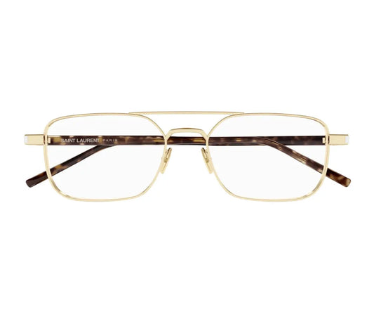 Gold and tortoiseshell eyeglasses on a white background