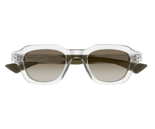 Sunglasses with clear frame and brown gradient lenses on a white background