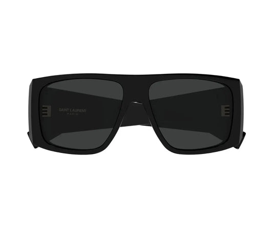 Black sunglasses with a brand logo on a white background