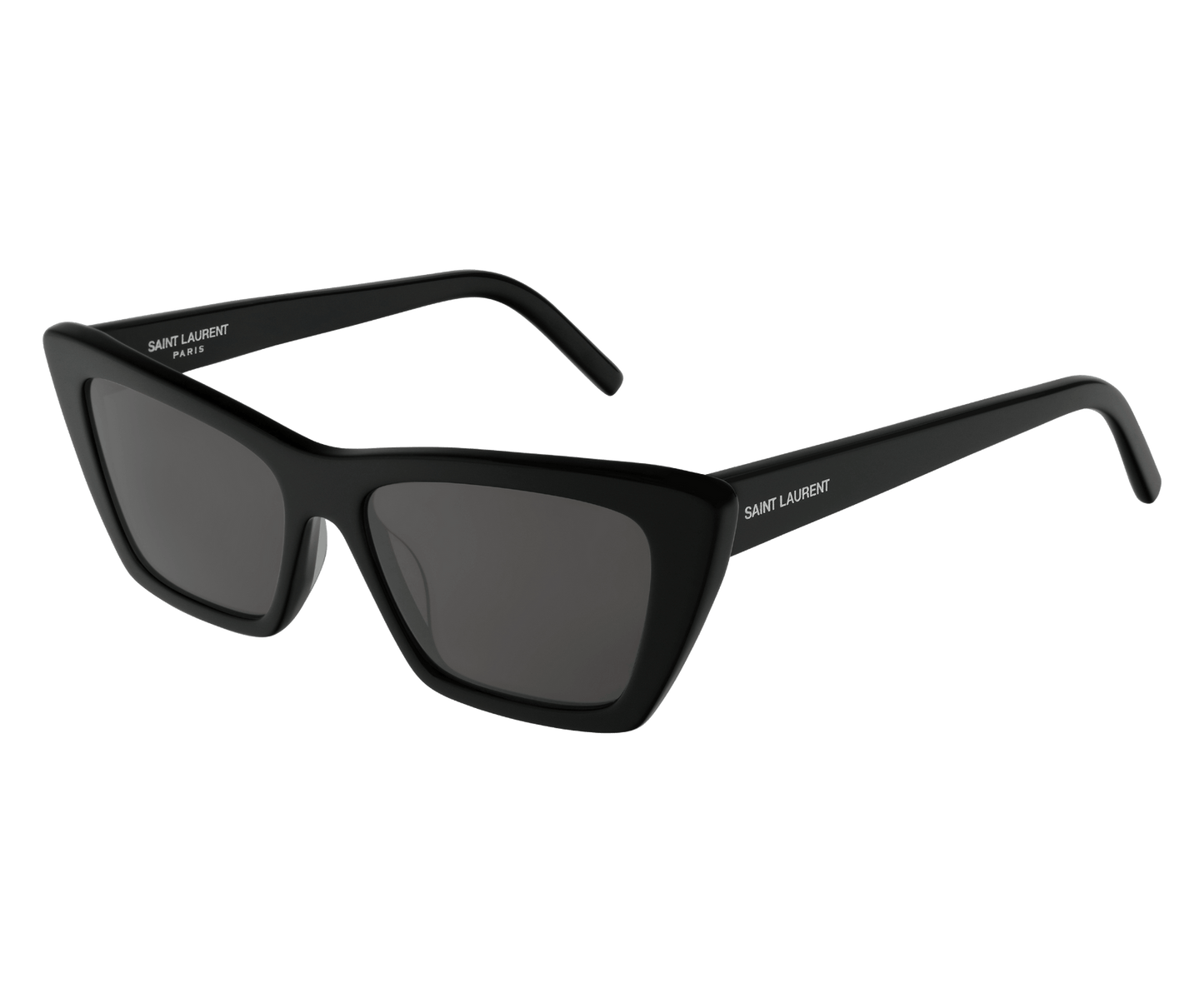 Black sunglasses with 'Saint Laurent' branding on a transparent background