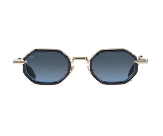 Hexagonal sunglasses with dark lenses on a white background