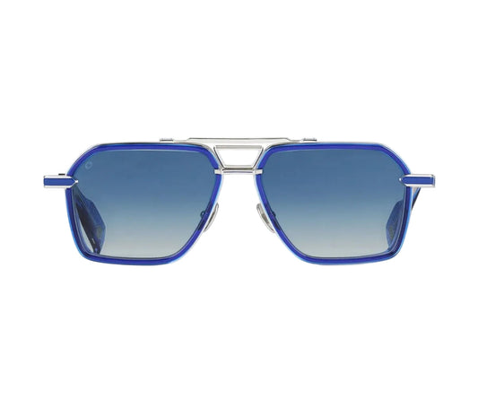 Blue sunglasses with a silver frame on a white background