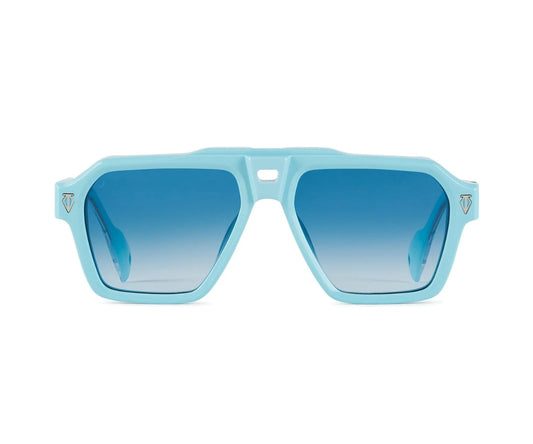 Blue gradient sunglasses with light blue frame on a white background