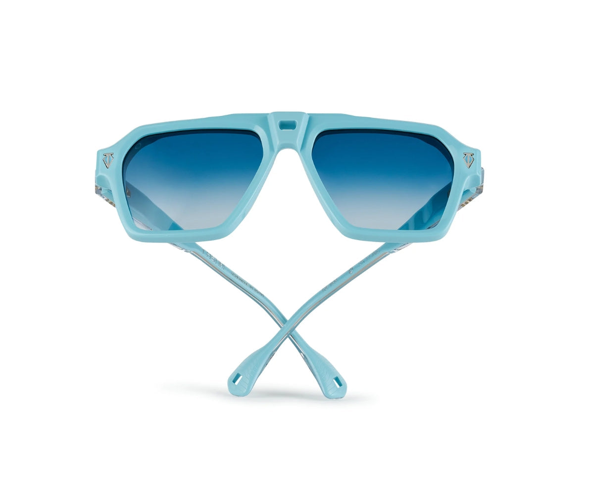 Blue sunglasses with gradient lenses on a white background