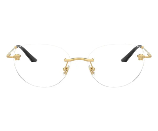 Gold-framed eyeglasses with black arms on a white background