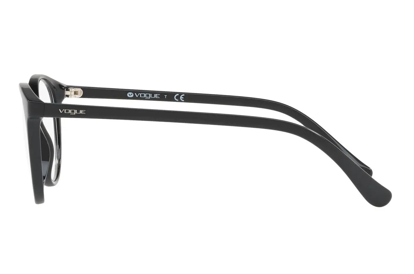 Black eyeglasses with 'Vogue' branding on a white background