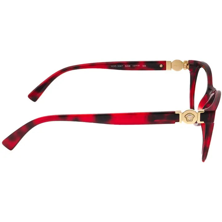 Red and black tortoiseshell glasses with gold accents on a white background