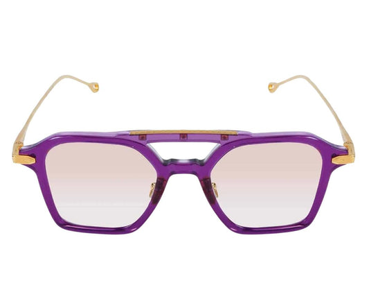 Purple sunglasses with gold accents on a white background