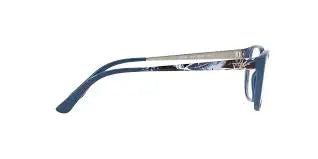 Glasses with blue and silver frame on a white background