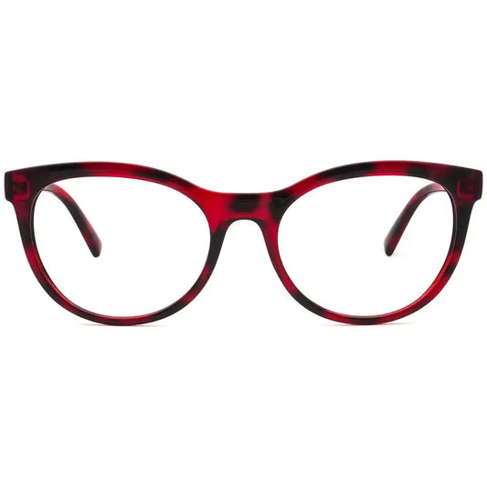 Red and black tortoiseshell eyeglasses on a white background