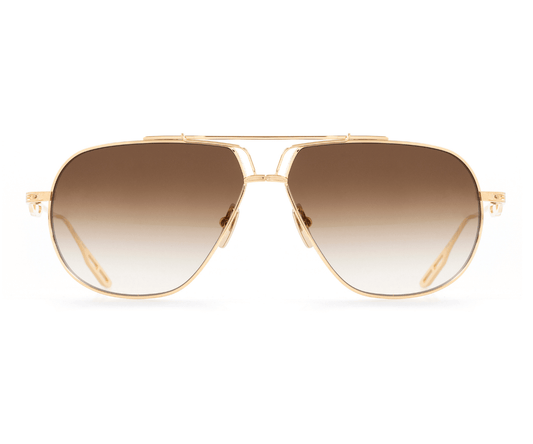 Gold-framed sunglasses with brown gradient lenses on a white background