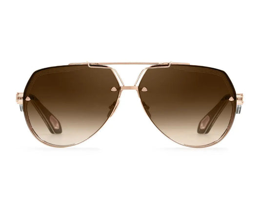 Gold-framed sunglasses with brown gradient lenses on a white background