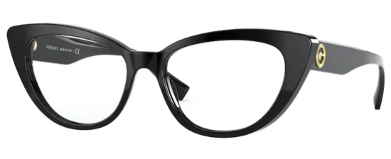 Black cat-eye glasses with a brand logo on a white background