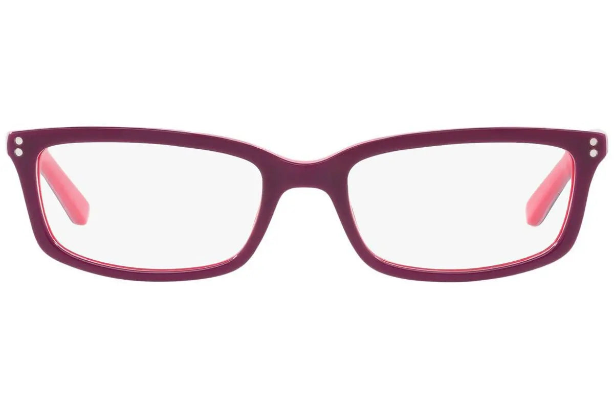 Purple eyeglasses with pink temple tips on a white background