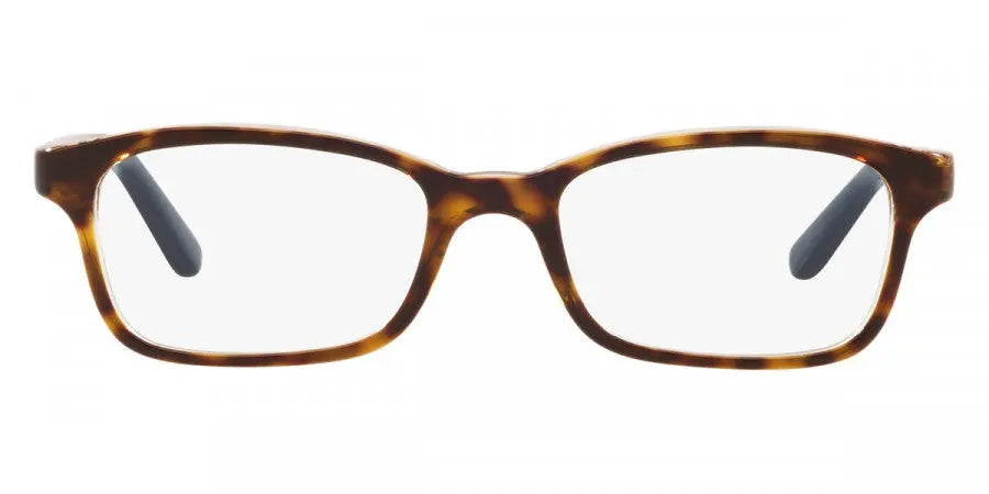 Brown rectangular eyeglasses with blue temple tips on a white background