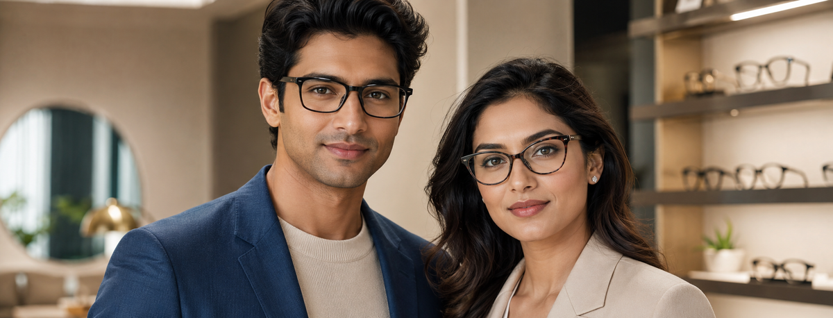 Indian man and woman wearing flattering glasses for round face shapes