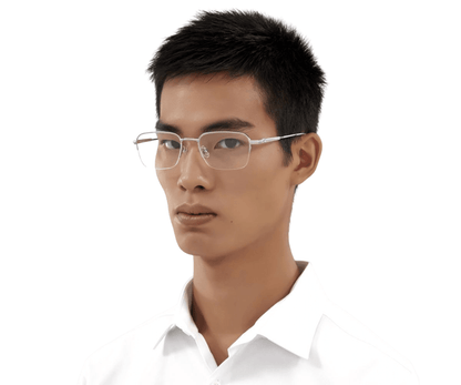 Man wearing glasses and a white shirt on a white background