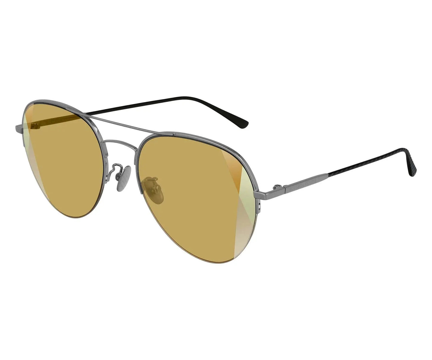 Aviator sunglasses with gold lenses and silver frame on a white background