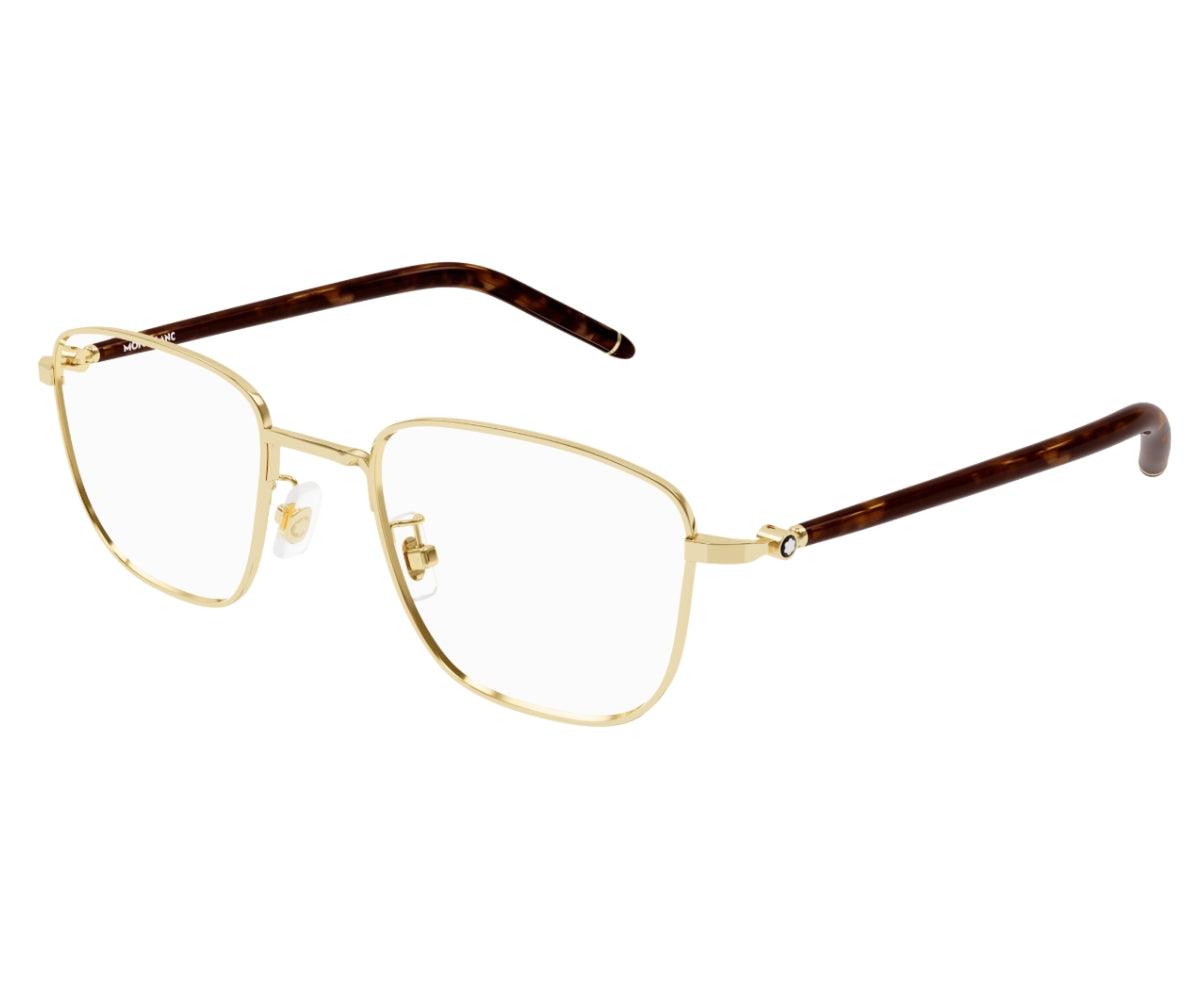 Gold eyeglasses with brown temple tips on a white background