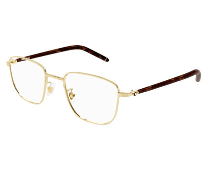 Gold eyeglasses with brown temple tips on a white background
