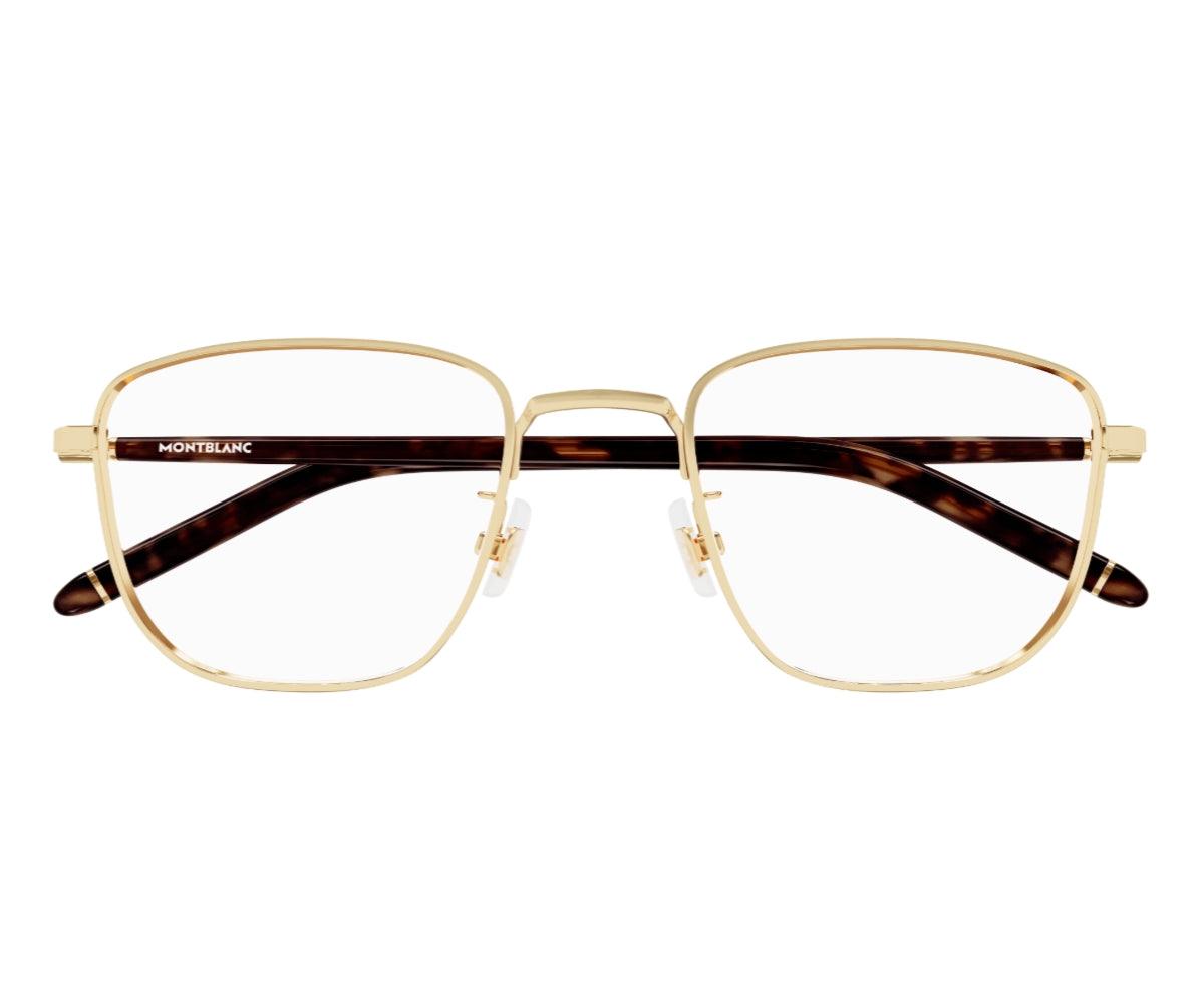 Gold-framed eyeglasses with tortoiseshell arms on a white background