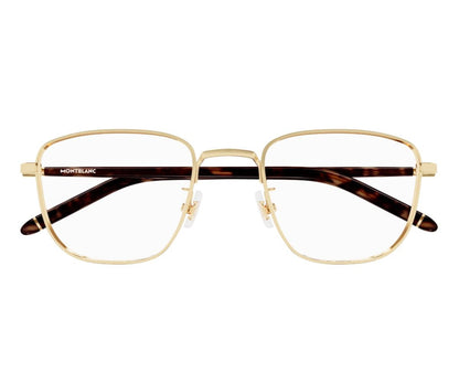 Gold-framed eyeglasses with tortoiseshell arms on a white background