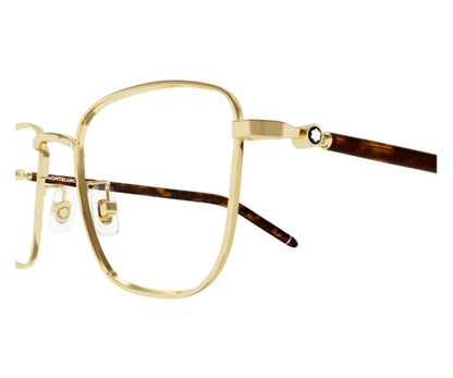 Gold-framed eyeglasses with brown temple tips on a white background