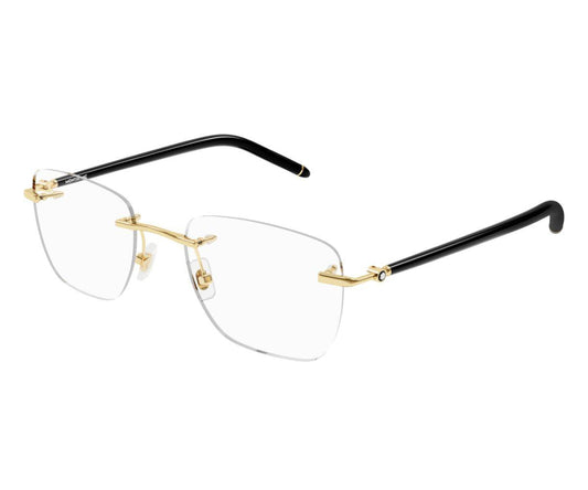 Gold and black rimless eyeglasses on a white background