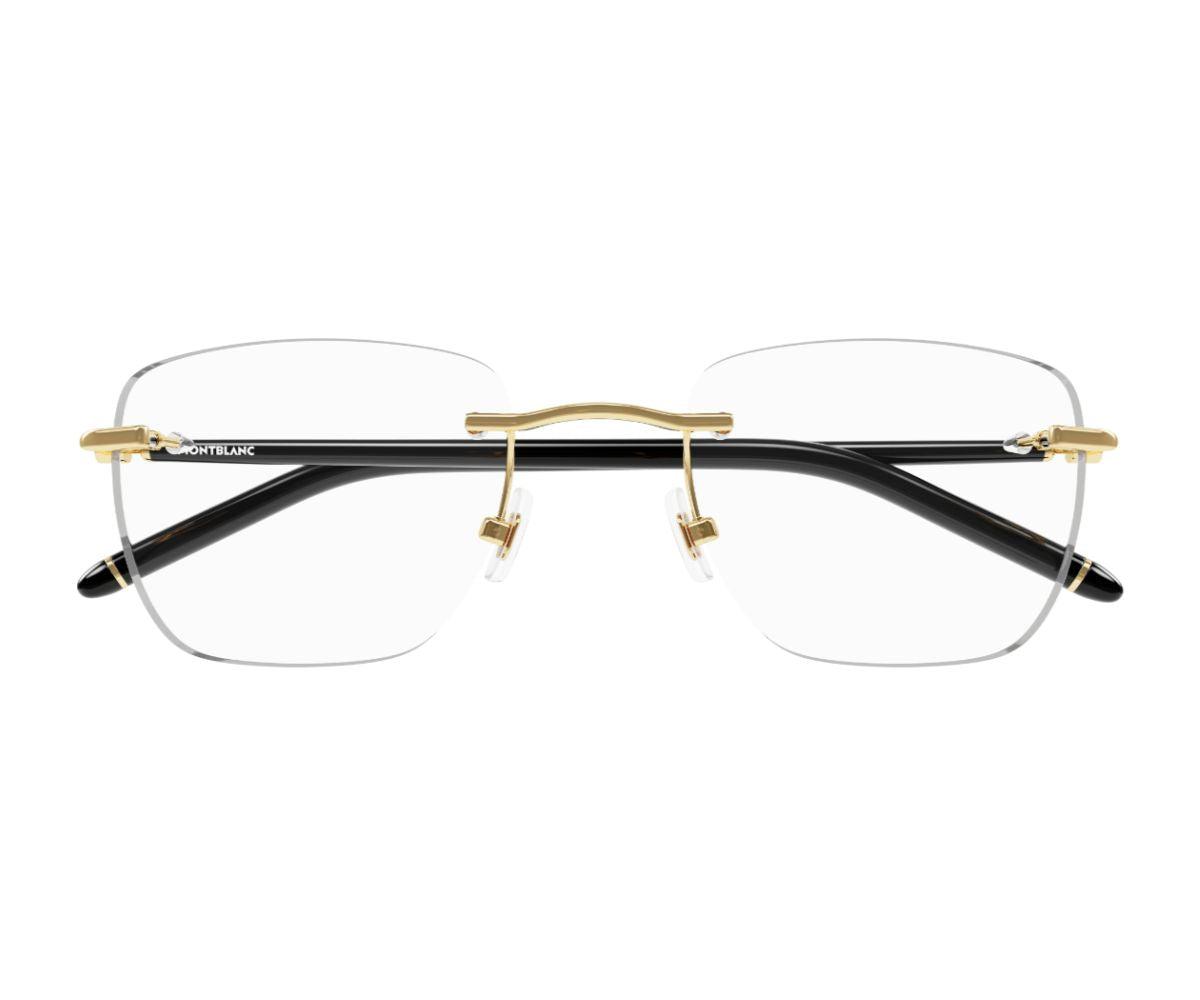 Black rimless eyeglasses with gold accents on a white background