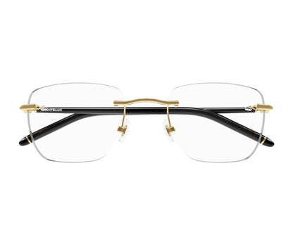 Black rimless eyeglasses with gold accents on a white background