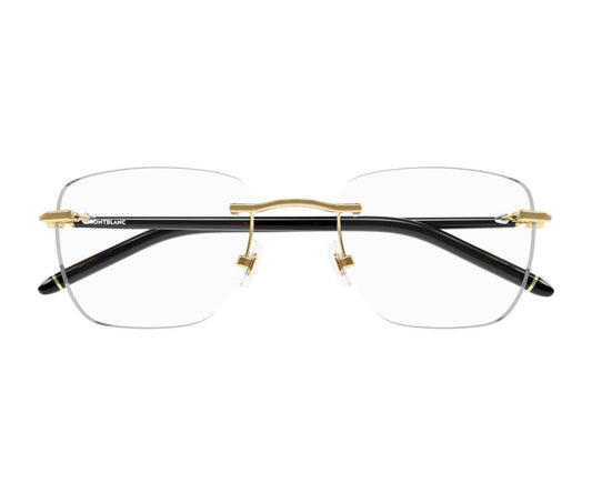 Black rimless eyeglasses with gold accents on a white background