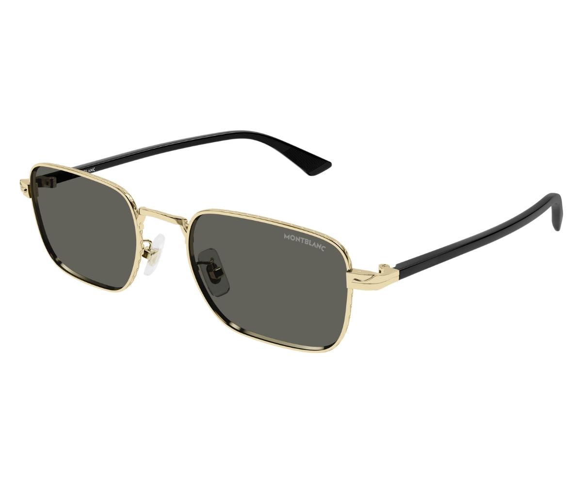 Sunglasses with gold frame and black arms on a white background