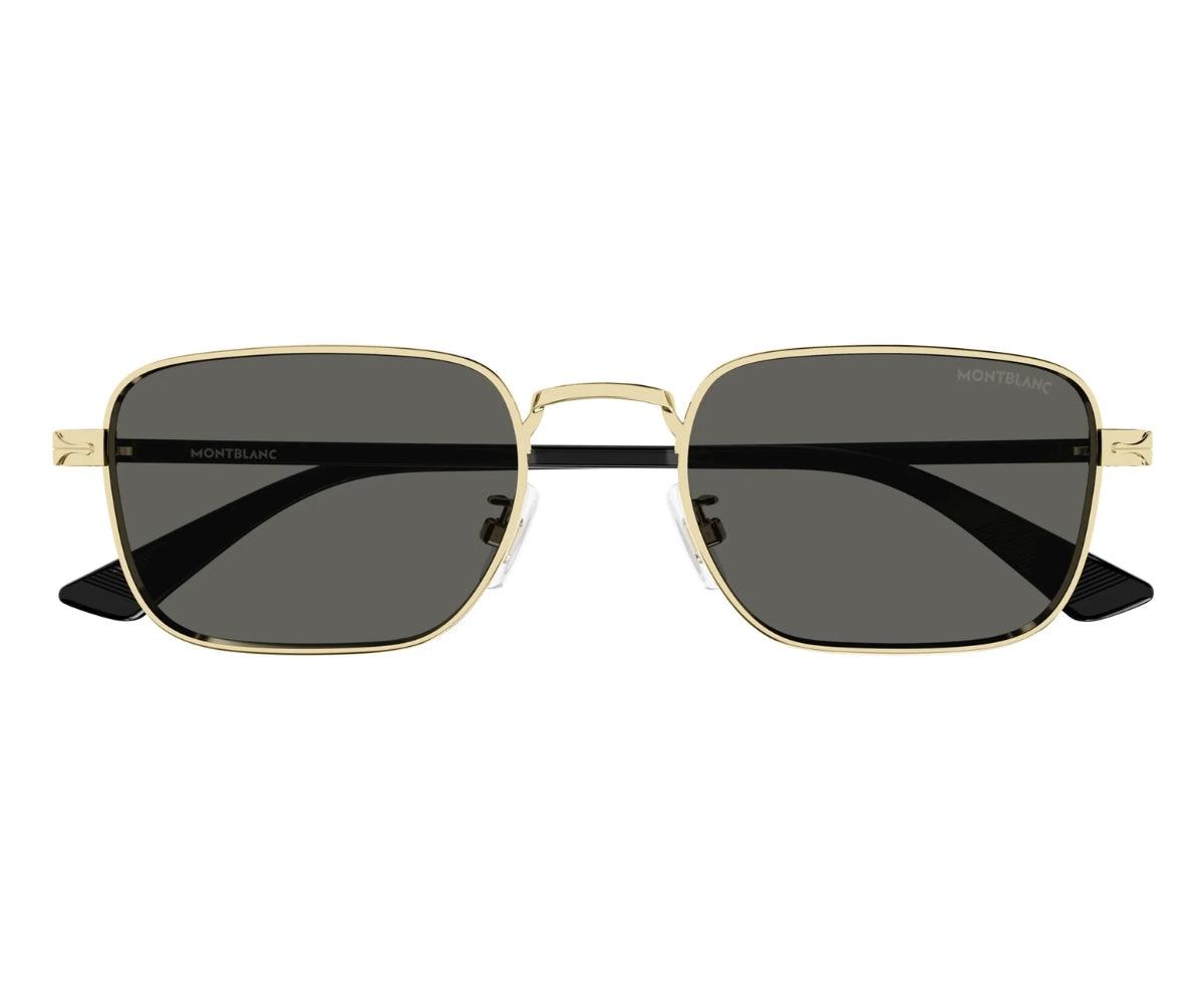 Gold-framed sunglasses with dark lenses on a white background