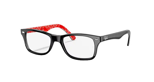 Black eyeglasses with red accents on a white background