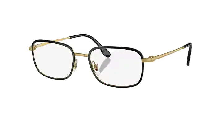 Gold and black eyeglasses on a white background