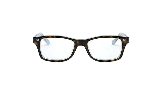 Tortoiseshell eyeglasses with blue temples on a white background