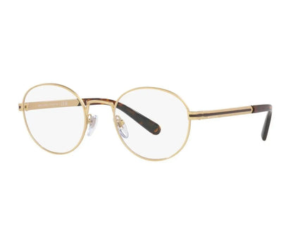 Round eyeglasses with gold frame and black temple tips on a white background