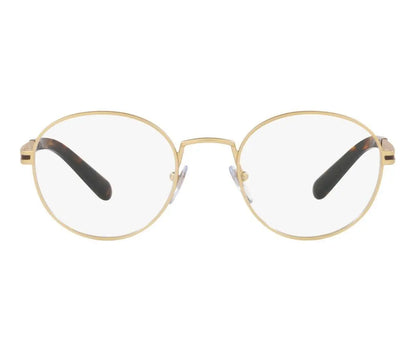 Gold-framed eyeglasses with clear lenses on a white background