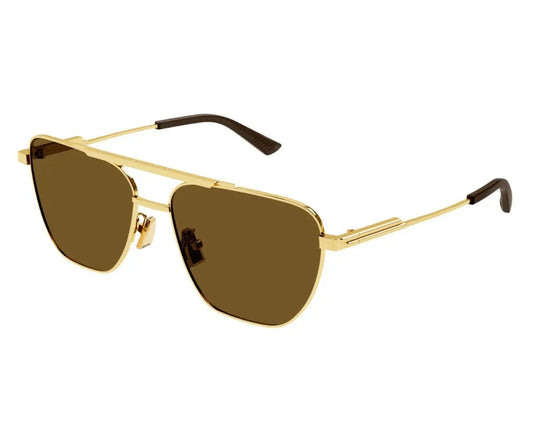 Gold-framed sunglasses with brown lenses on a white background