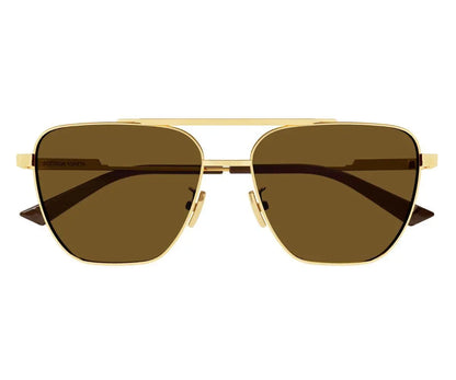 Gold-framed sunglasses with brown lenses on a white background