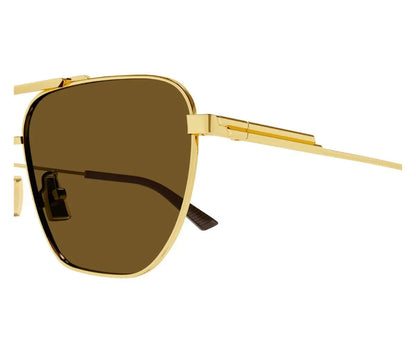 Gold-framed sunglasses with brown lenses on a white background
