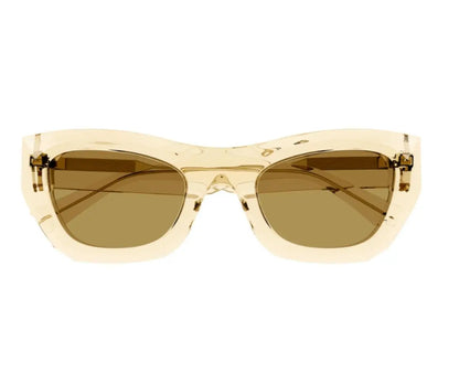 Gold-framed sunglasses with brown lenses on a white background