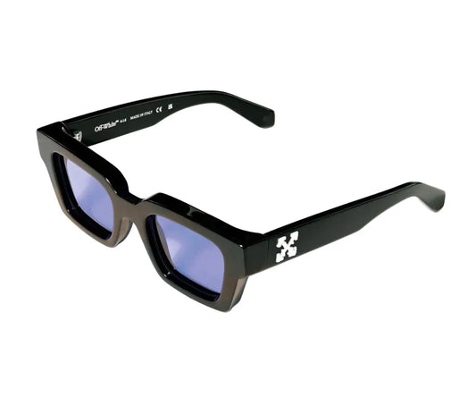 Black sunglasses with blue lenses on a white background