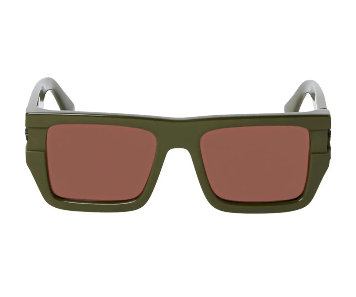 Sunglasses with green frame and red-tinted lenses on a white background